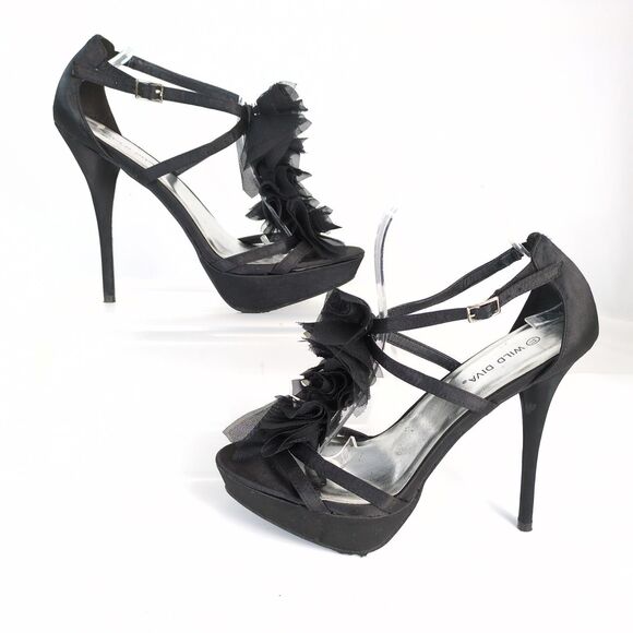 Wild Diva Ruffle Front Black Satin Stiletto Heel Strappy Shoes Women's 11 Buckle - Picture 3 of 9